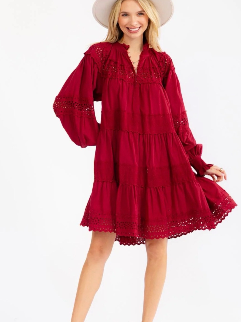WOMEN'S LONG SLEEVE V-NECK TIERED LOOSE FIT CROCHET MINI DRESS